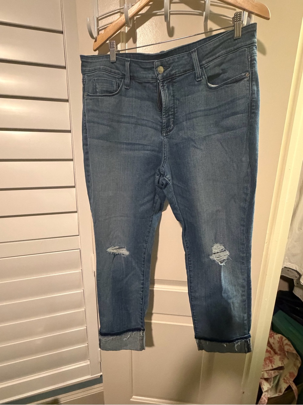 NYDJ Mid Blue Cropped Distressed Jeans with Rolled Cuffs